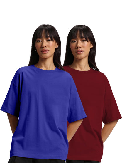 JUNEBERRY Pure Cotton Drop Shoulder Oversized Baggy Fit Half Sleeve Plain Solid Round Neck Multicolor T-Shirt for Women & Girls