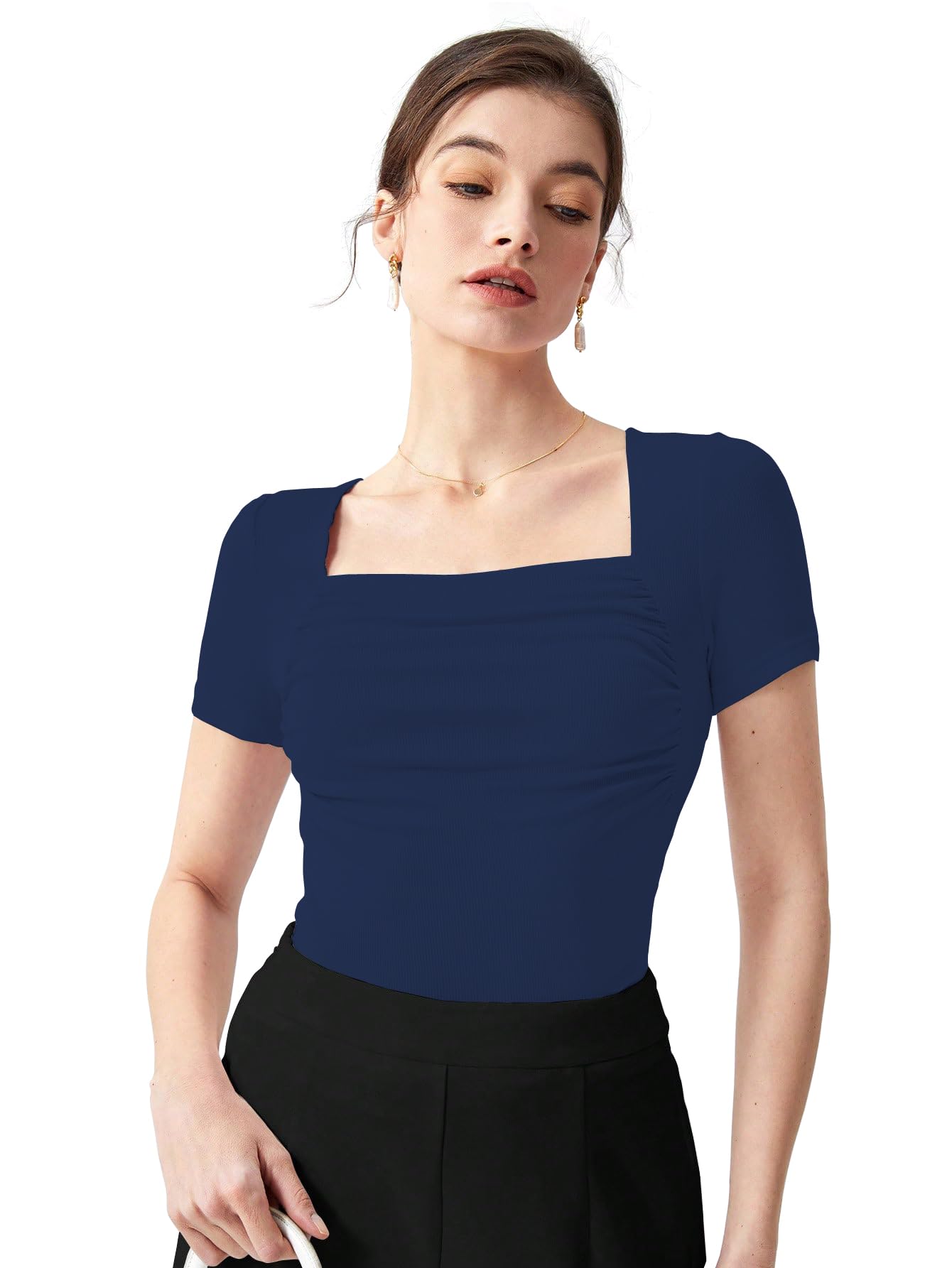Shasmi Womens & Girls Navy Blue Womens Summer Square Neck Solid Color Ruched Tee Workwear Pleated Casual t-Shirt for Women (T