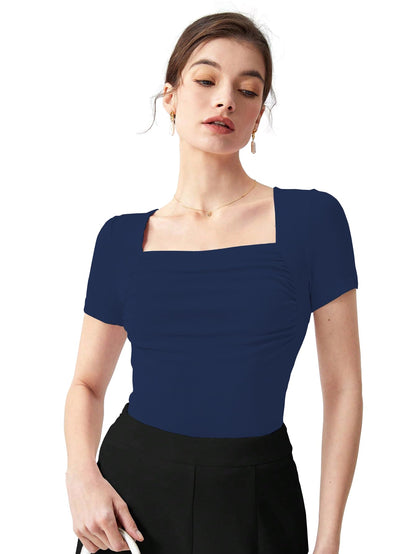 Shasmi Womens & Girls Navy Blue Womens Summer Square Neck Solid Color Ruched Tee Workwear Pleated Casual t-Shirt for Women (T