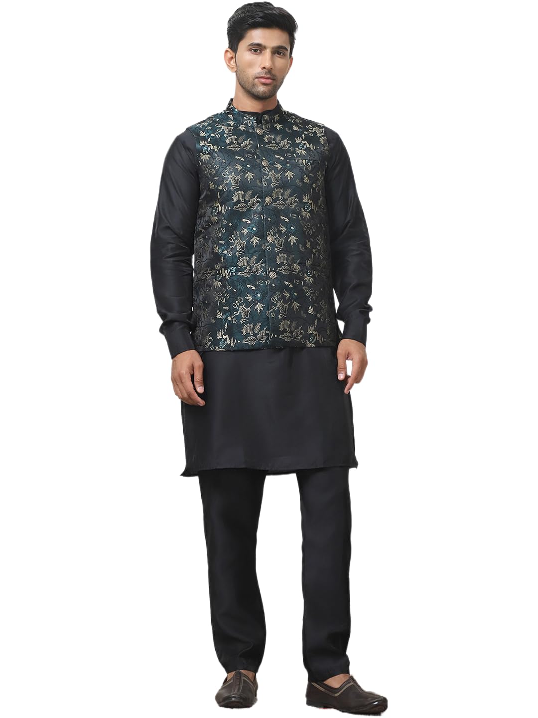 Jompers Mens Embossed Nehru Jacket With Solid Kurta Pyjama Set
