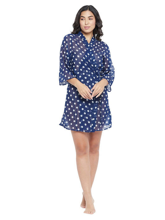 Clovia Womens Georgette Polka Print Robe (NS1292A08_Blue_L)