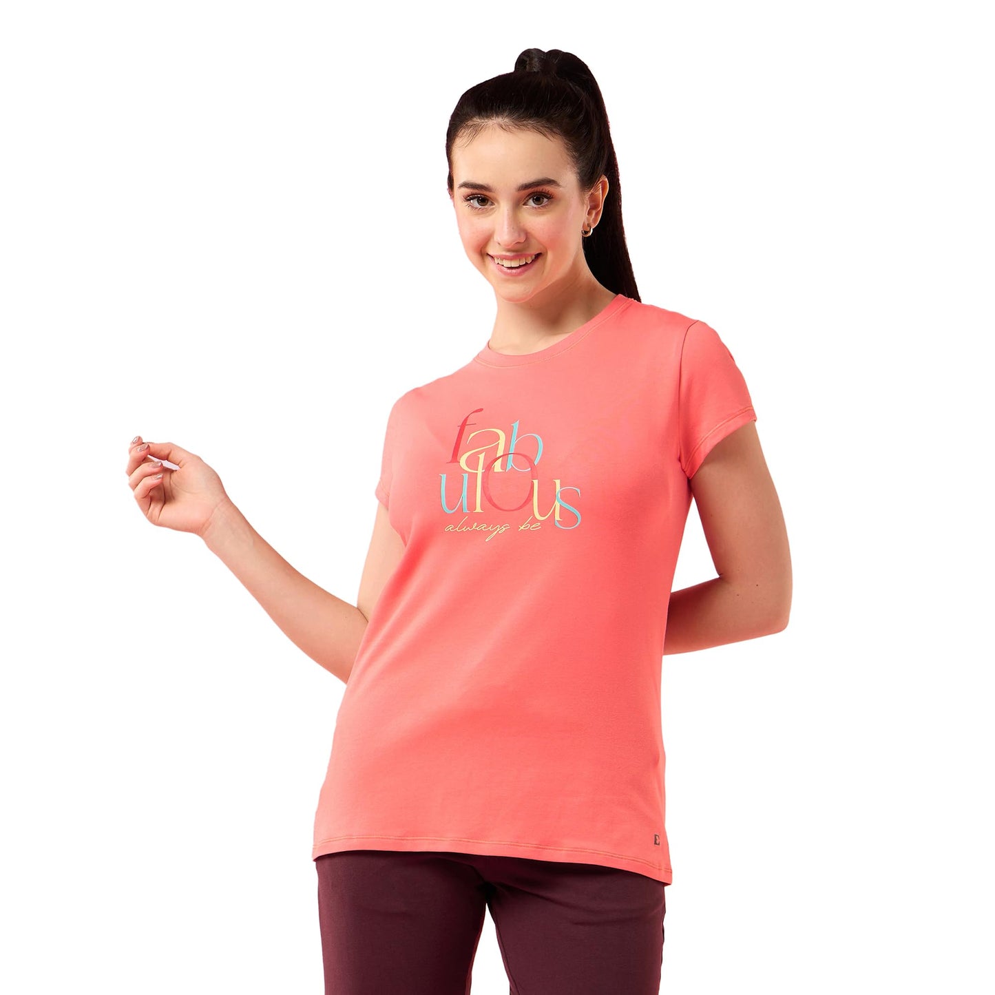 Enamor Womens Graphic Slim Fit T-Shirt (E147_Coral Fabulous