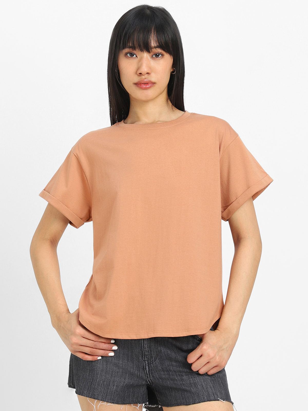 Juneberry Pure 100% Cotton Oversized Loose Baggy Fit Round Neck With Drop Shoulder Swanwhite & Cork Half Sleeves Boyfriend T-Shi