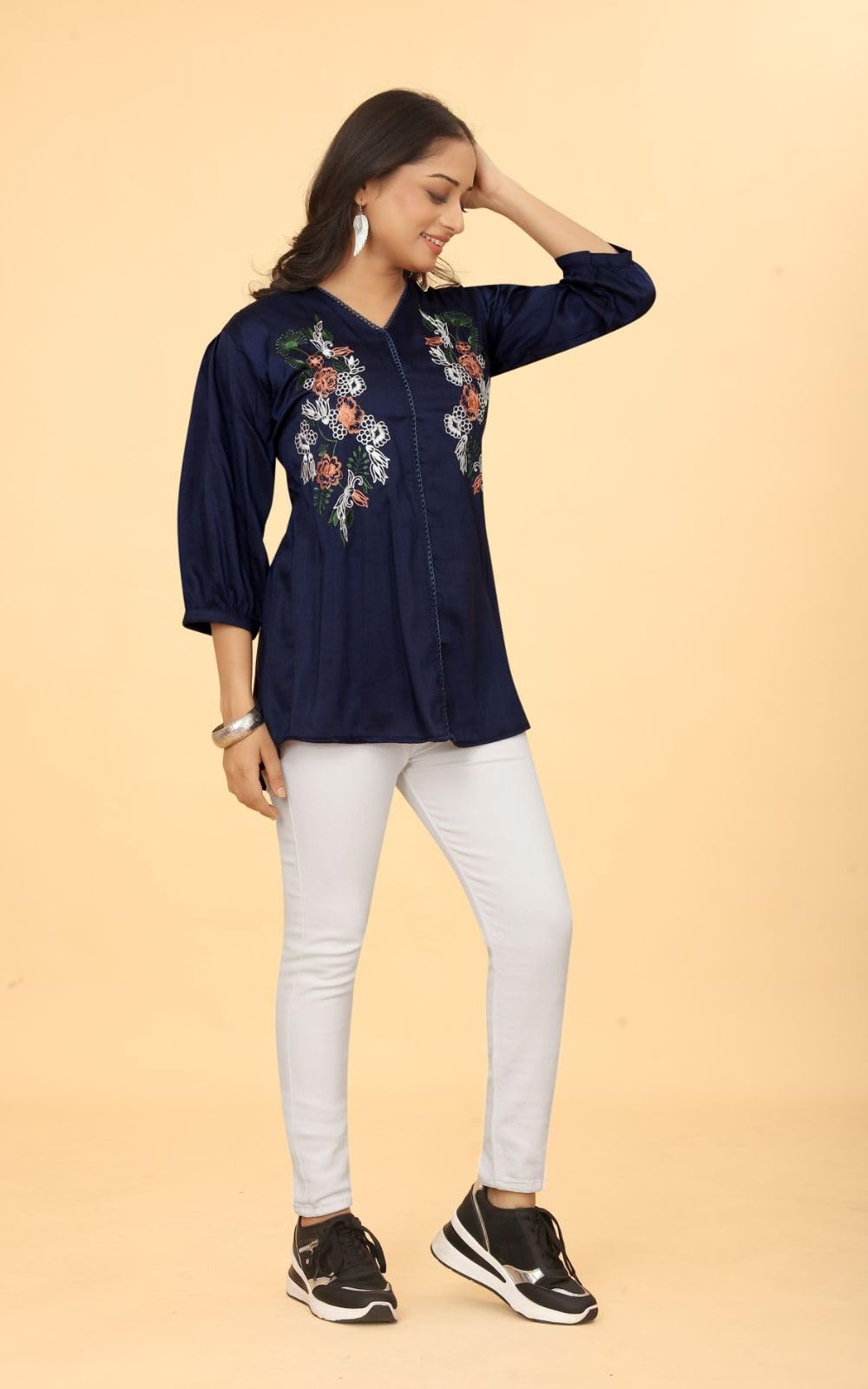 WomenS Embroidered V-Neck Tunic Top | Voscos Rayon 3/4 Balloon Sleeves Tunic For WomenS | Floral Design Casual Wear Top (In, A