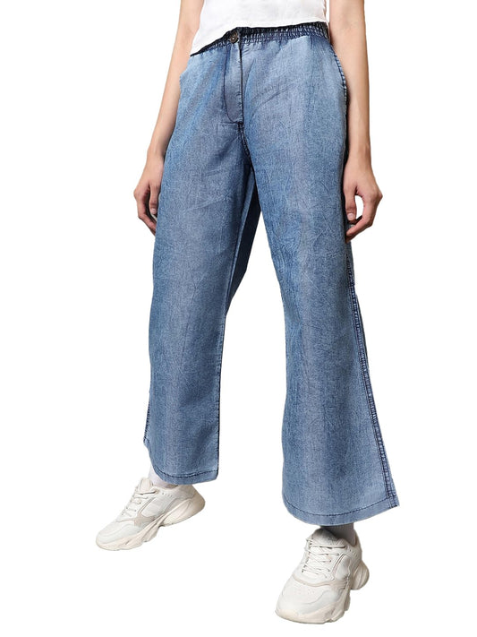 Bewakoof Womens Washed Straight Fit Wide Leg Pants_585126_Blue_M