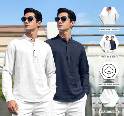 Royalscout Combo Of MenS Solid Cotton Blend Full Sleeve Straight Kurta Shirt (Pack Of 2) White-Navy