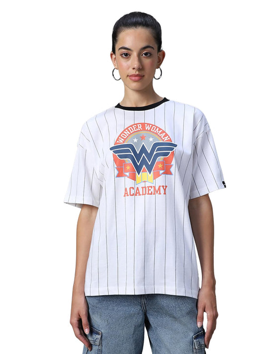 Bewakoof Official DC Merchandise Womens Graphic Printed Oversized Half Sleeve Round Neck Cotton Jersey T-Shirt_603343_White_2XL