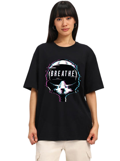 Juneberry Pure Cotton Round Neck Half Sleeve Oversized Baggy Fit Drop Shoulder Front Printed Black T-Shirt For Women (Os_J_Brth_