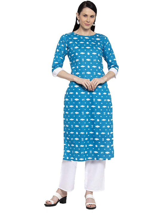 GoSriKi Women's Blue Cotton Straight Kurta with Plazzo (ARIA Blue)