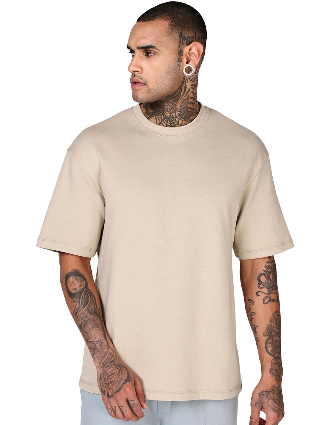 Bewakoof MenS Solid Oversized Fit Half Sleeve Round Neck Polycotton T-Shirt_687616_Brown_Xl