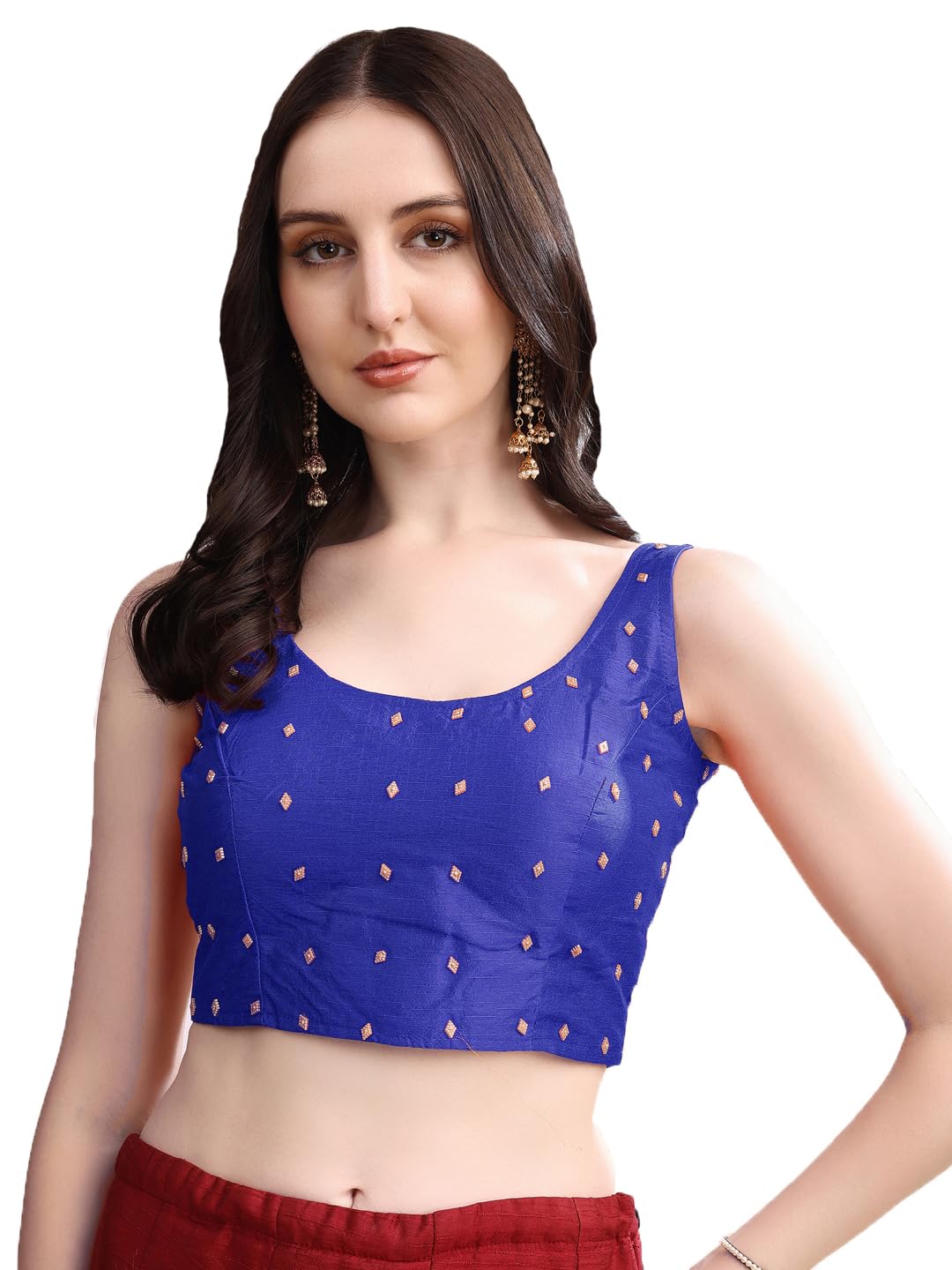 Pujia Mills Womens Square Neck Silk Sleeveless with Stone Readymade Blouse