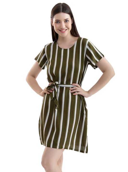 Clovia Womens Cotton Striped Knee-Length Bohemian Casual Knee Length Night Out Nighty(Ns1335P17 Large_Green)
