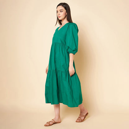 High Star Women's Cotton Pleated Maxi Dresses (HSWDRS23005_GN_Green)
