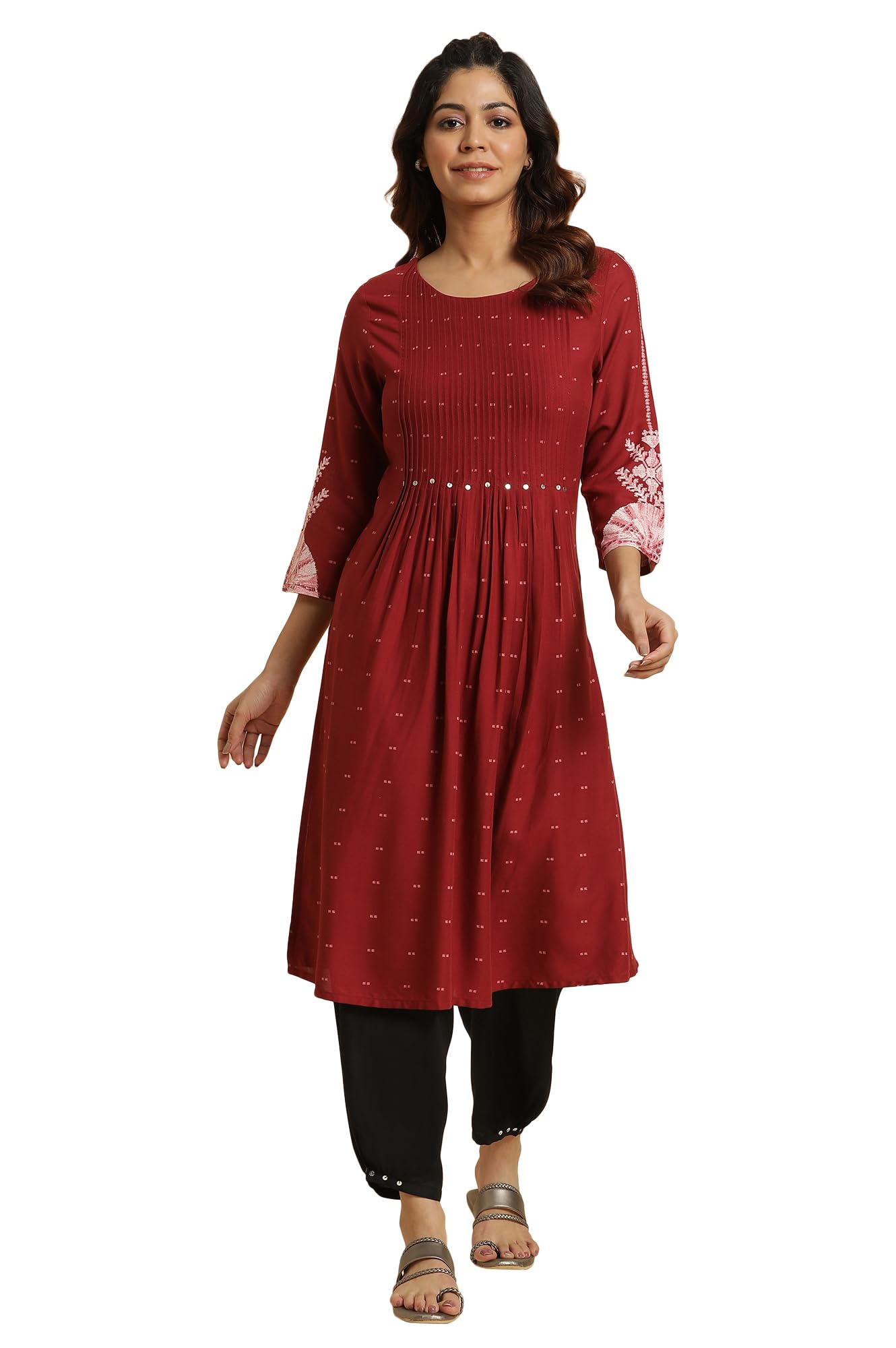 W For Woman Maroon Floral Printed Regular Kurta With Sequins