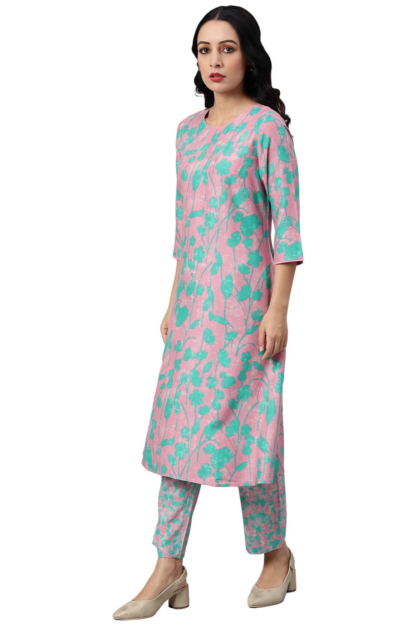 W for Woman Light Purple Floral Print Straight Kurta