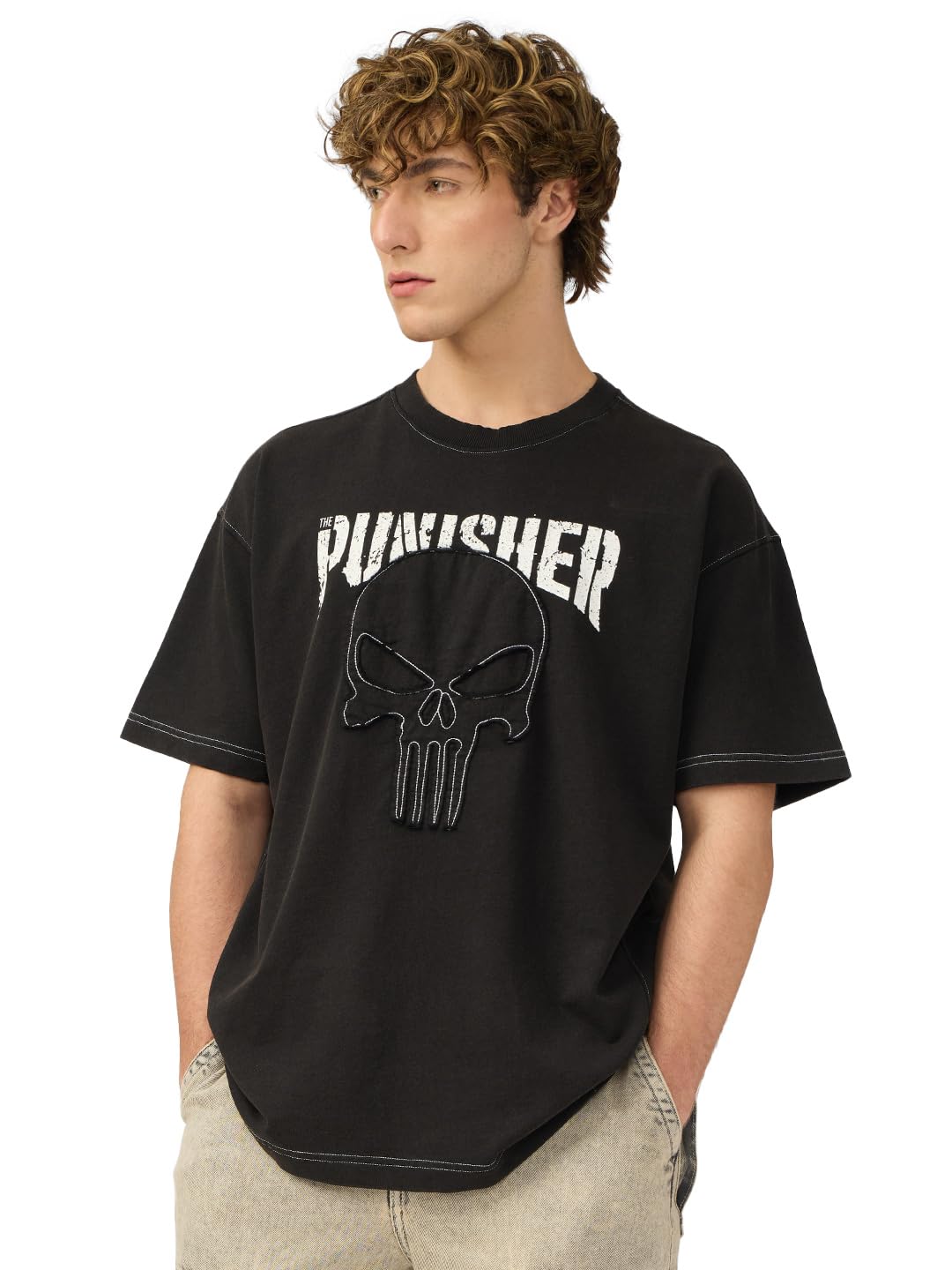 The Souled Store Punisher: Logo Men and Boys Short Sleeves Round Neck Black Printed Cotton Oversized T-Shirts