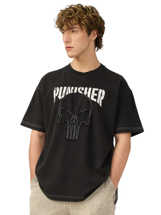 The Souled Store Punisher: Logo Men and Boys Short Sleeves Round Neck Black Printed Cotton Oversized T-Shirts