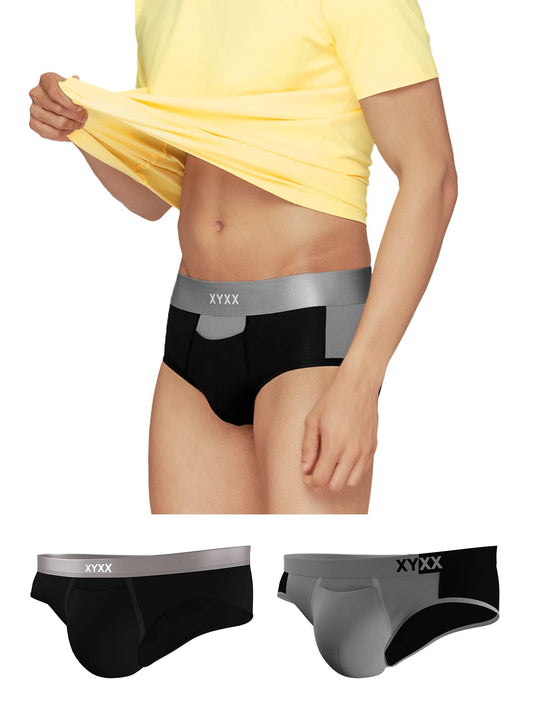 XYXX Mens Underwear Dualist IntelliSoft Antimicrobial Micro Modal Brief Pack of 3 (Black & Steel Grey ; Black ; Steel Grey & Bl