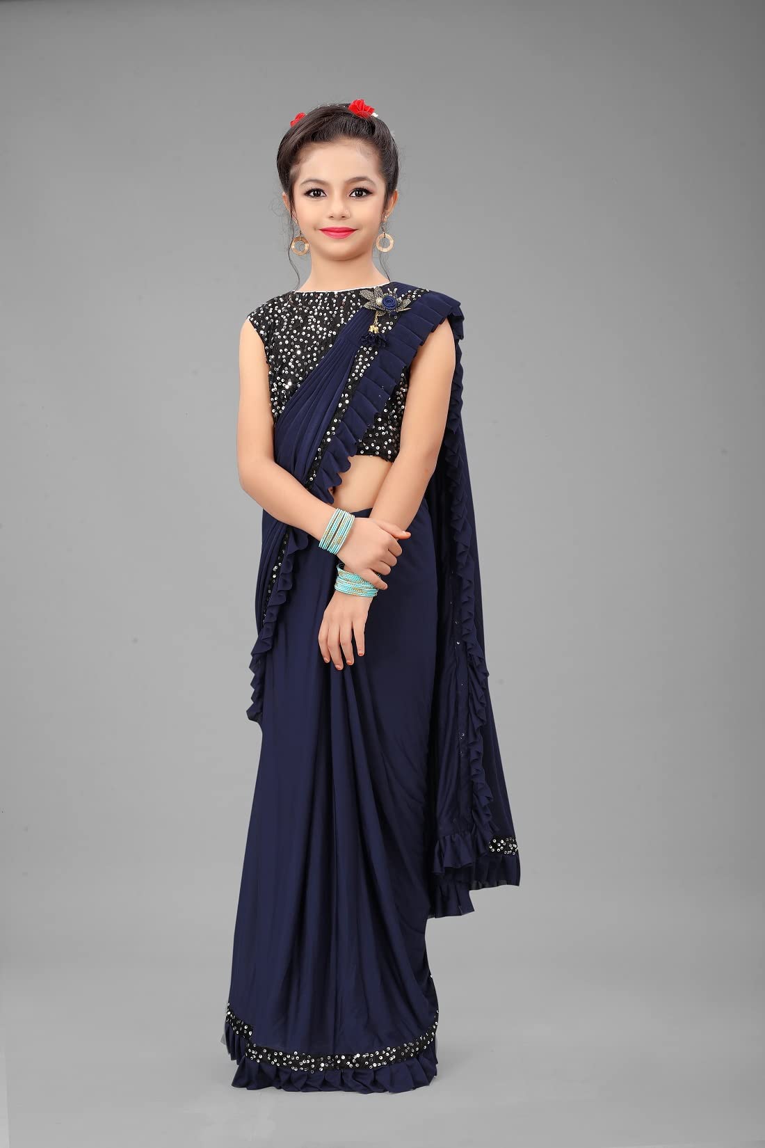 Dhyey fashion Girls Lycra Blend Ruffle Pattern Saree With Velvet Unstitched Blouse Piece