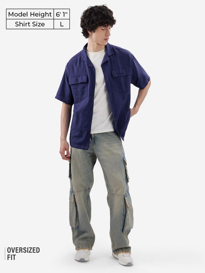 The Souled Store Solids: Navy Blue Men and Boys Short Sleeves Collared Neck Button Front Oversized Fit Cotton Textured Shirts