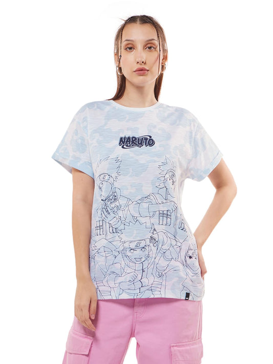 Bewakoof Womens Cotton Slub Relaxed Fit Air 1.0 Official Naruto Merchandise Anime Graphic Printed Boyfriend Fit Half Sleeve Rou