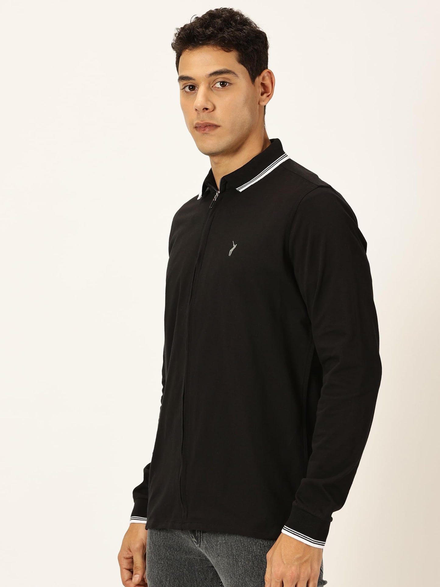 Thomas Scott Full Sleeve Spread Collar Solid Color Jacket with Ribbed On Sleeve for Men Black