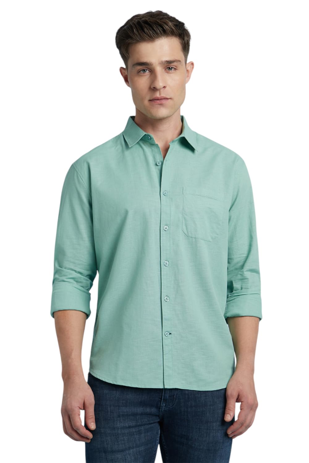 Dennis Lingo Men Cotton Regular Fit Textured Shirts Sage Green