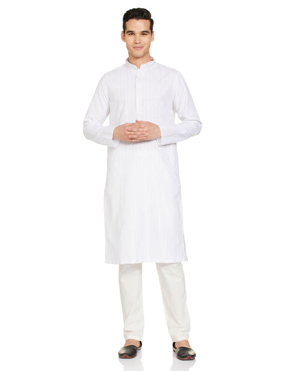 Manyavar White Blended Viscose Self Design Casual Kurta Set For Men