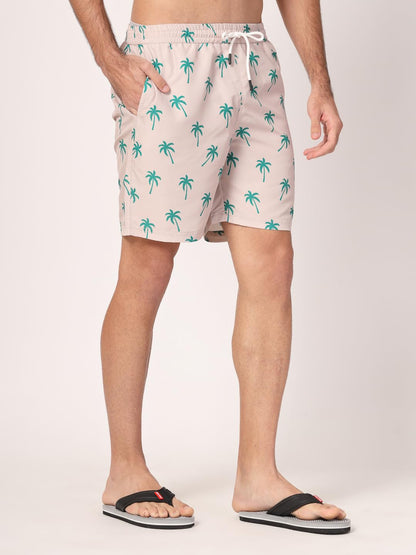 Style Quotient Men Beige and Green Conversational Print Polyester Regular Swim Shorts