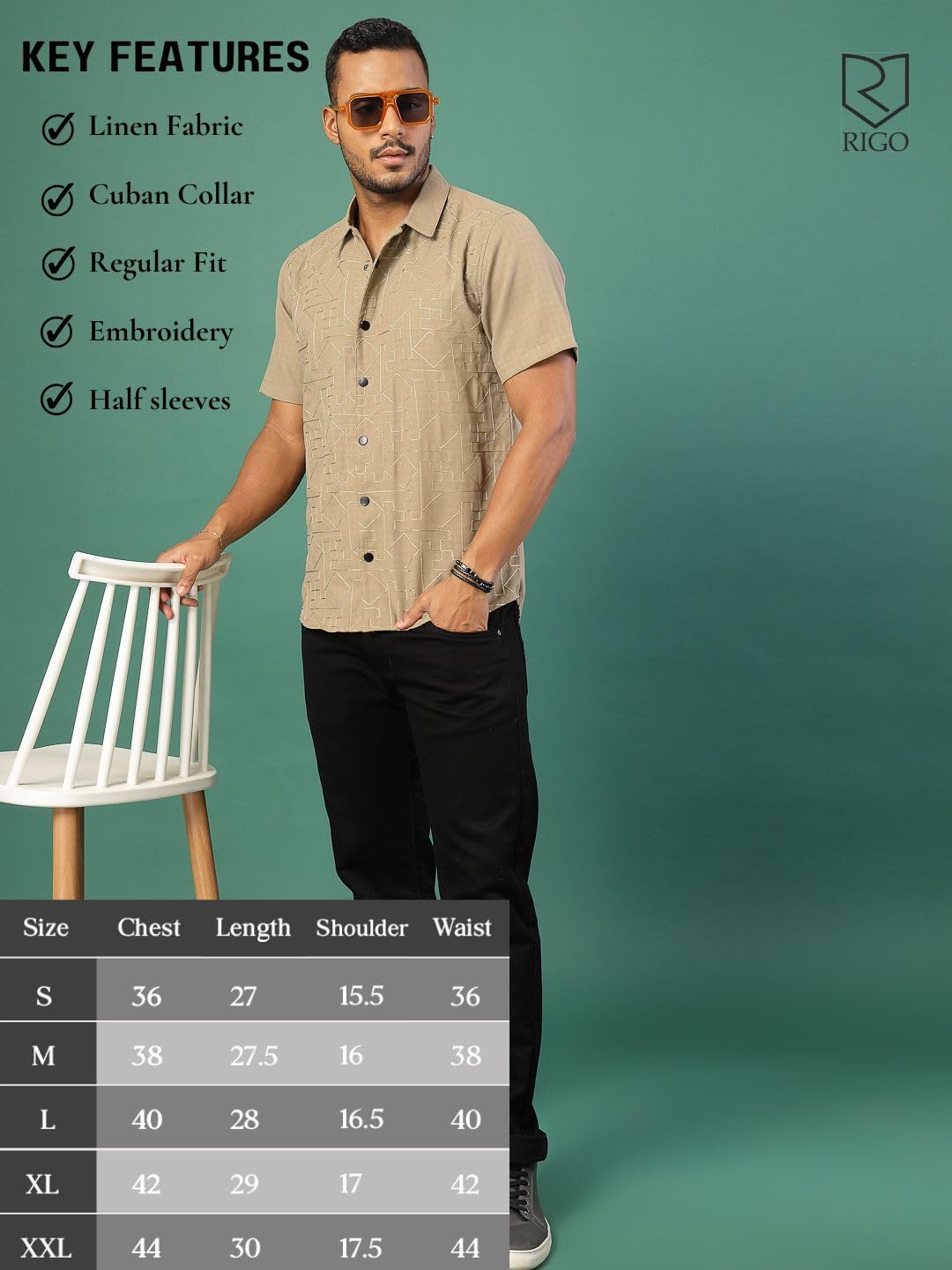 Rigo Linen Embroidery Regular Fit Shirt for Mens | Half Sleeve Shirt for Men | Summer Shirts for Men Beige