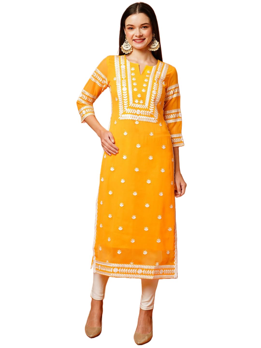 Anni Designer WomenS Cotton Blend Straight Chikankari Embroidered Kurta (Stho-Mustard_Xl_Mustard_X-Large)