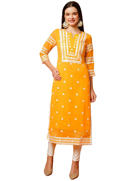 Anni Designer WomenS Cotton Blend Straight Chikankari Embroidered Kurta (Stho-Mustard_Xl_Mustard_X-Large)
