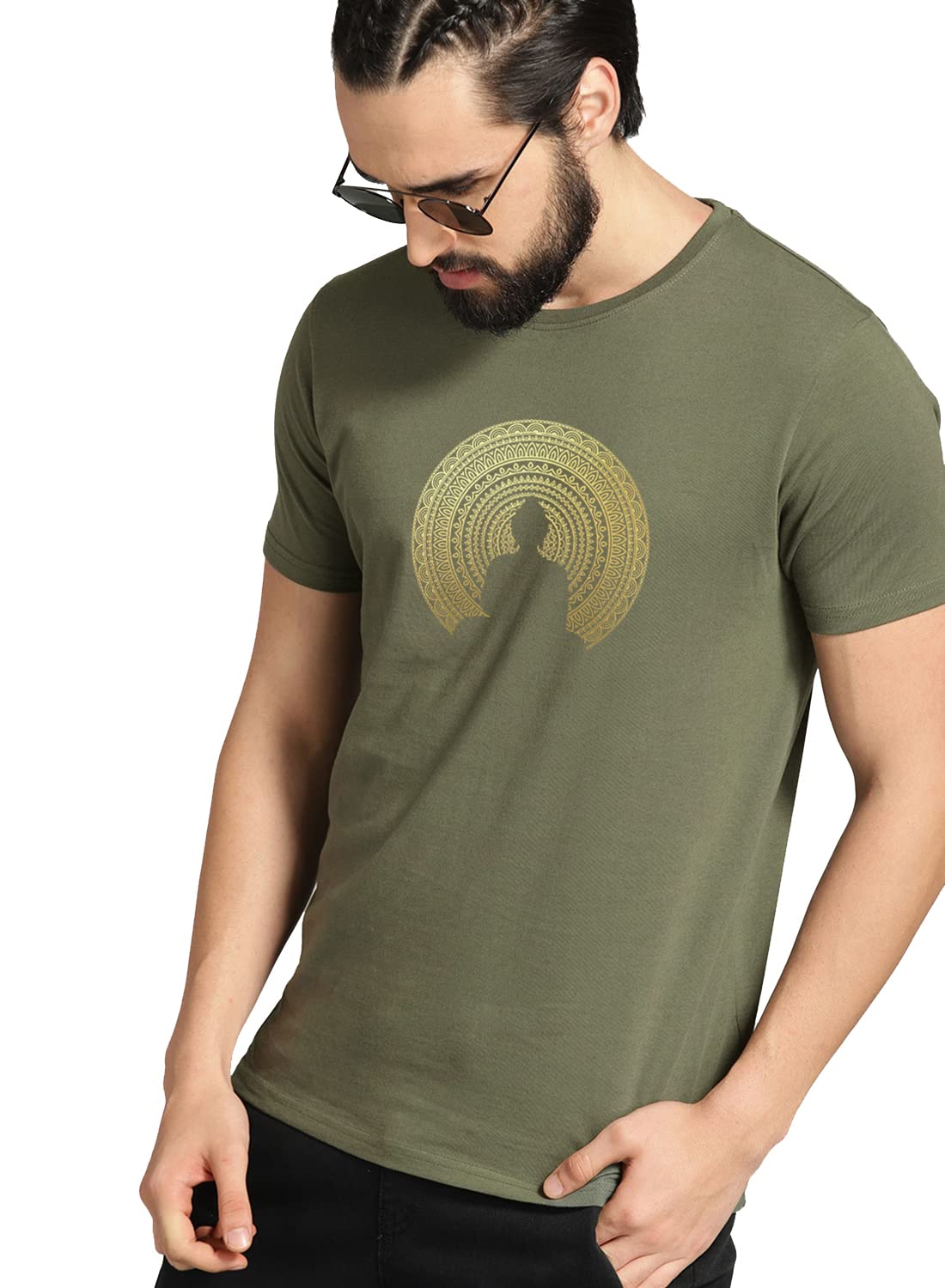 ADRO Men's Budha Gold Printed Cotton T-Shirt (RN23-GL-BUD-OL_Olive)