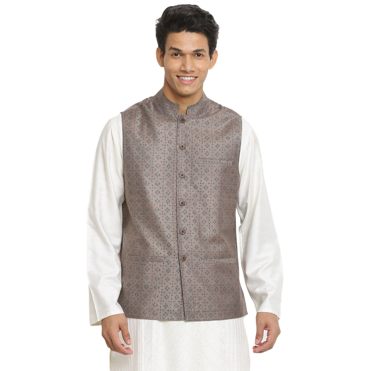Fabindia Men Collar Viscose Silk Printed Nehru Jacket Chinese_Xs