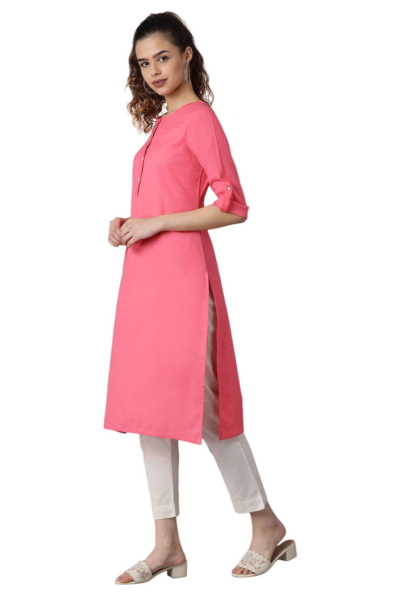 W For Woman Yellow Solid Cotton Blend Regular Kurta With Threading