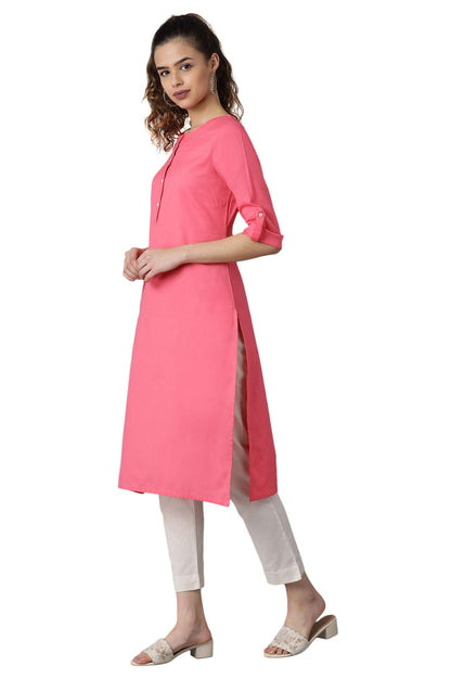 W For Woman Yellow Solid Cotton Blend Regular Kurta With Threading