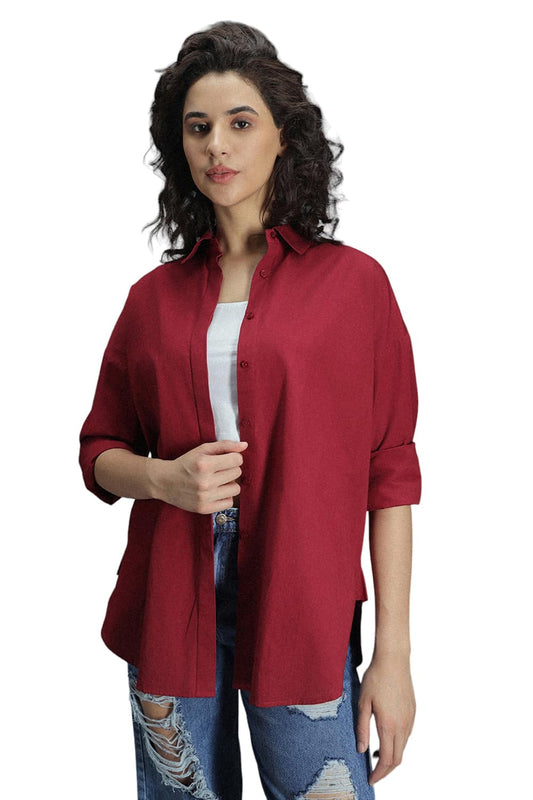 High Star WomenS Solid Oversized Fit Shirt (Hswshs2427_Rd_Red