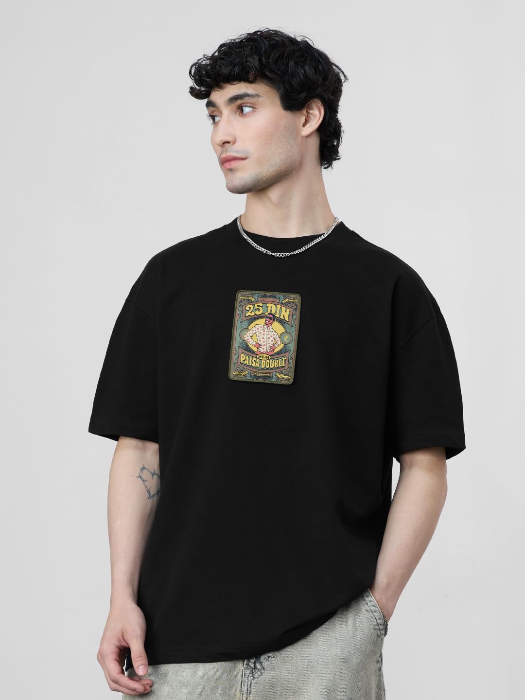 The Souled Store Phir Hera Pheri: Laxmi Chit Fund Men and Boys Short Sleeves Round Neck Black Graphic Printed Cotton Oversized T