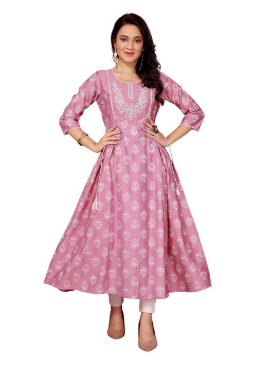rangita Pink Viscose Blend Flared Embroidered Calf Length Kurti | Kurta for Women