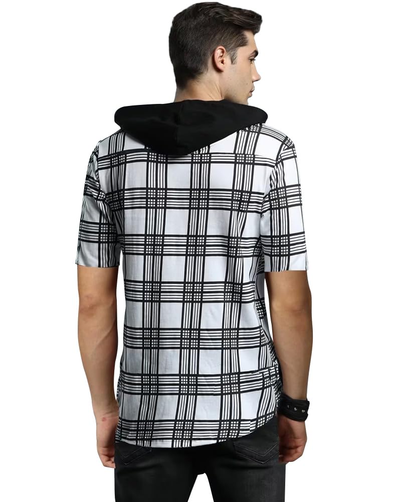Eyebogler Mens Hooded Neck Checkered Half Sleeve Regular Fir T-Shirt White Black