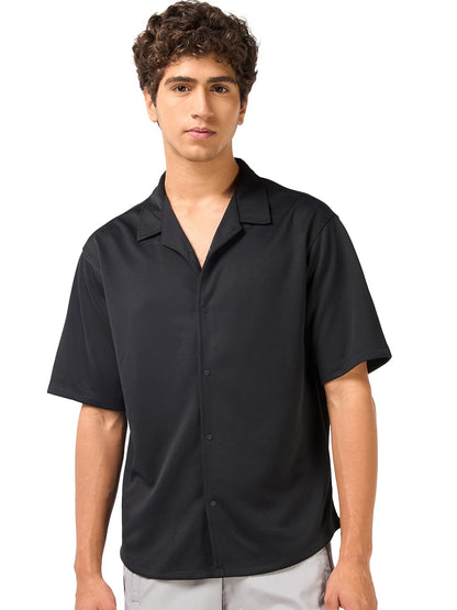 Bewakoof Mens Textured Oversized Fit Half Sleeve Resort Collar Jacquard Shirt_684274_Black_XL