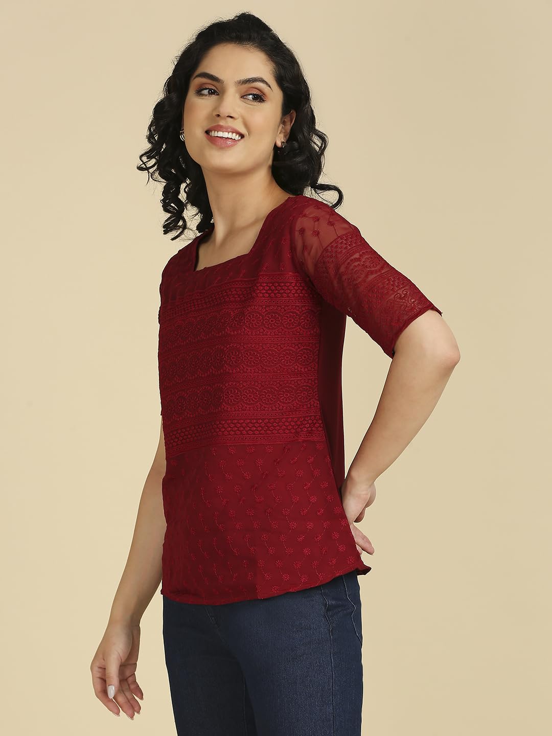 Gufrina WomenS Georgette Top With 3/4Th Sleeves Square Neck Embroidery Work Solid Pattern Regular Fit And Standard Length
