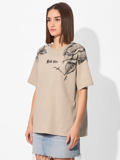 The Souled Store Hell Yes Women and Girls Short Sleeve Round Cotton Oversized T-Shirts Beige