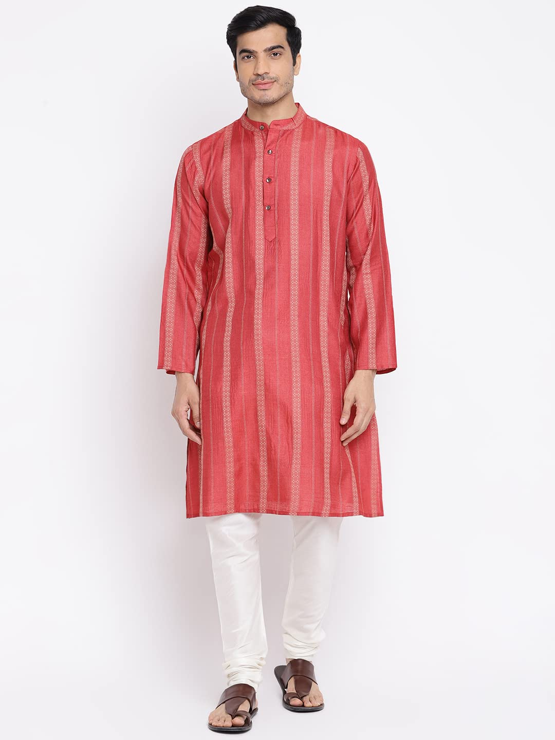 Fabindia Men Silk Blend Dobby Long Kurta Red_XS