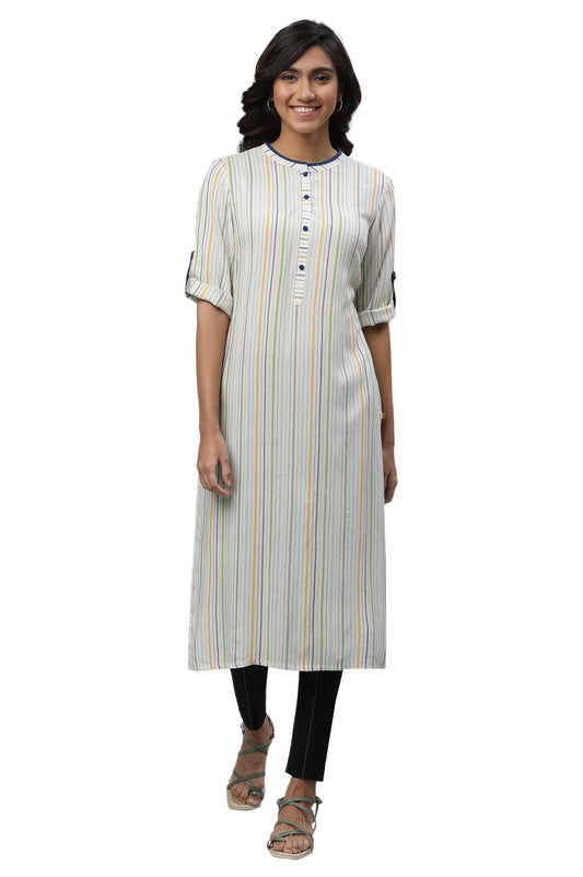 Aurelia Women's White Geometric Yarn Dyed Viscose Straight Kurta