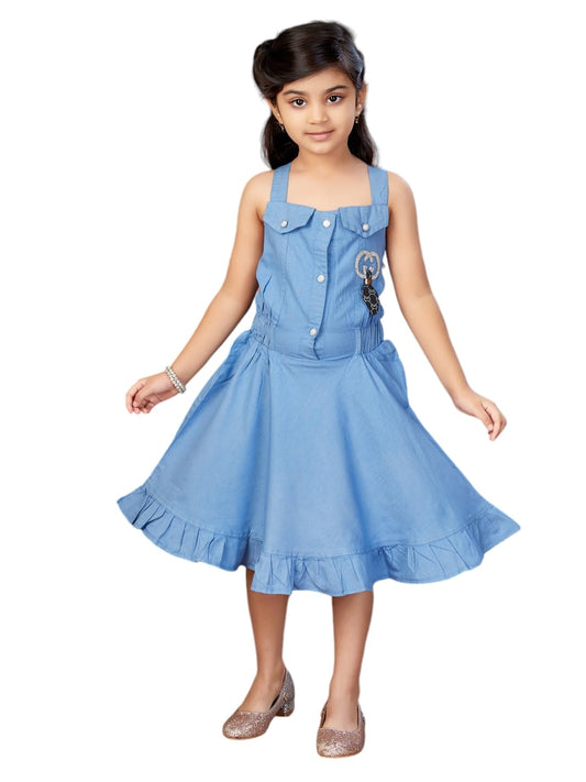 Aarika Girls Blue Colour Solid Denim Middi-(3-11 Years)