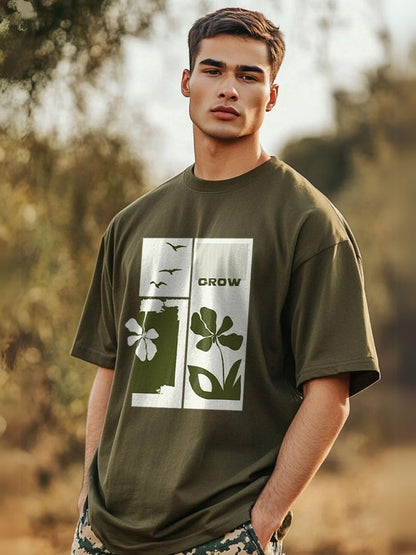 Nobero MenS Graphic Print Oversized Fit T-Shirt (1M-Twts-C0933-X_Marine / Olive Green