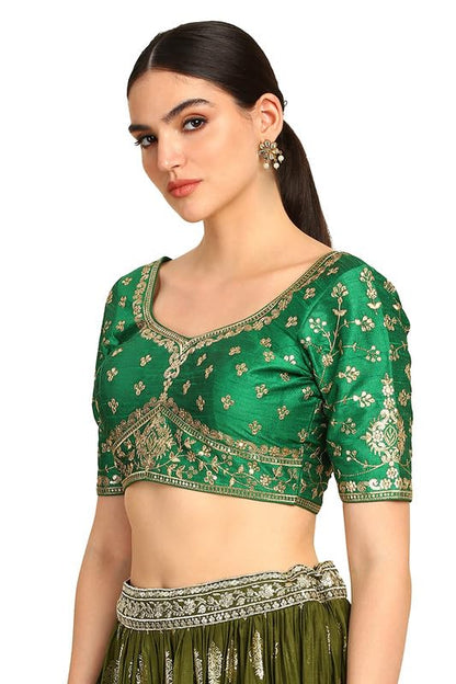 Soch Womens Green Zari Embroidered Silk Blend Padded Blouse with Sequins