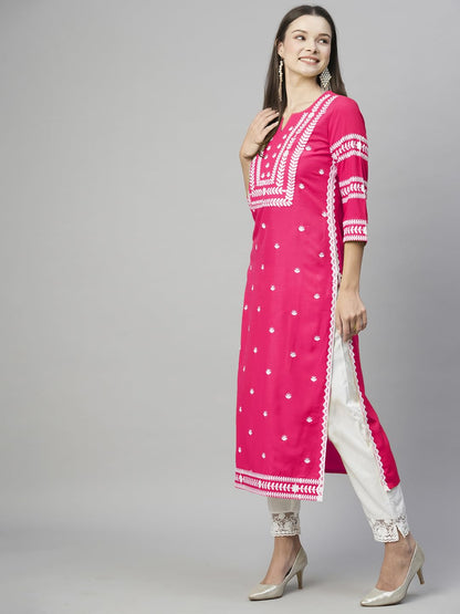 Gosriki WomenS Cotton Blend Chikankari Embroidered Straight Kurta (Stho-Pink-Gs_Xxl_Pink_Xx-Large)