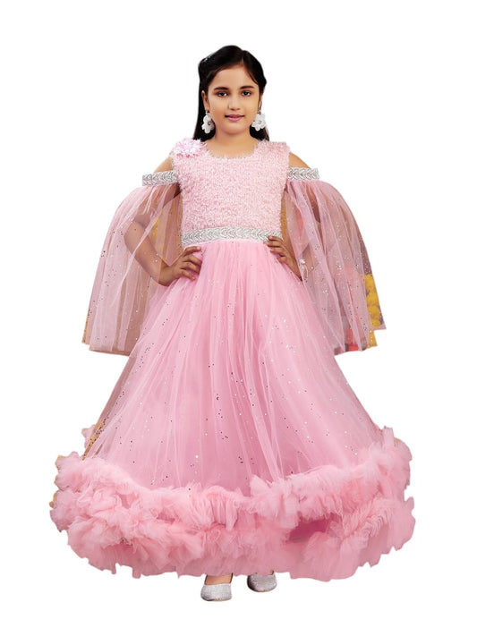 Aarika Girls Peach Colour Emballished Net Gown (4-11 Years)